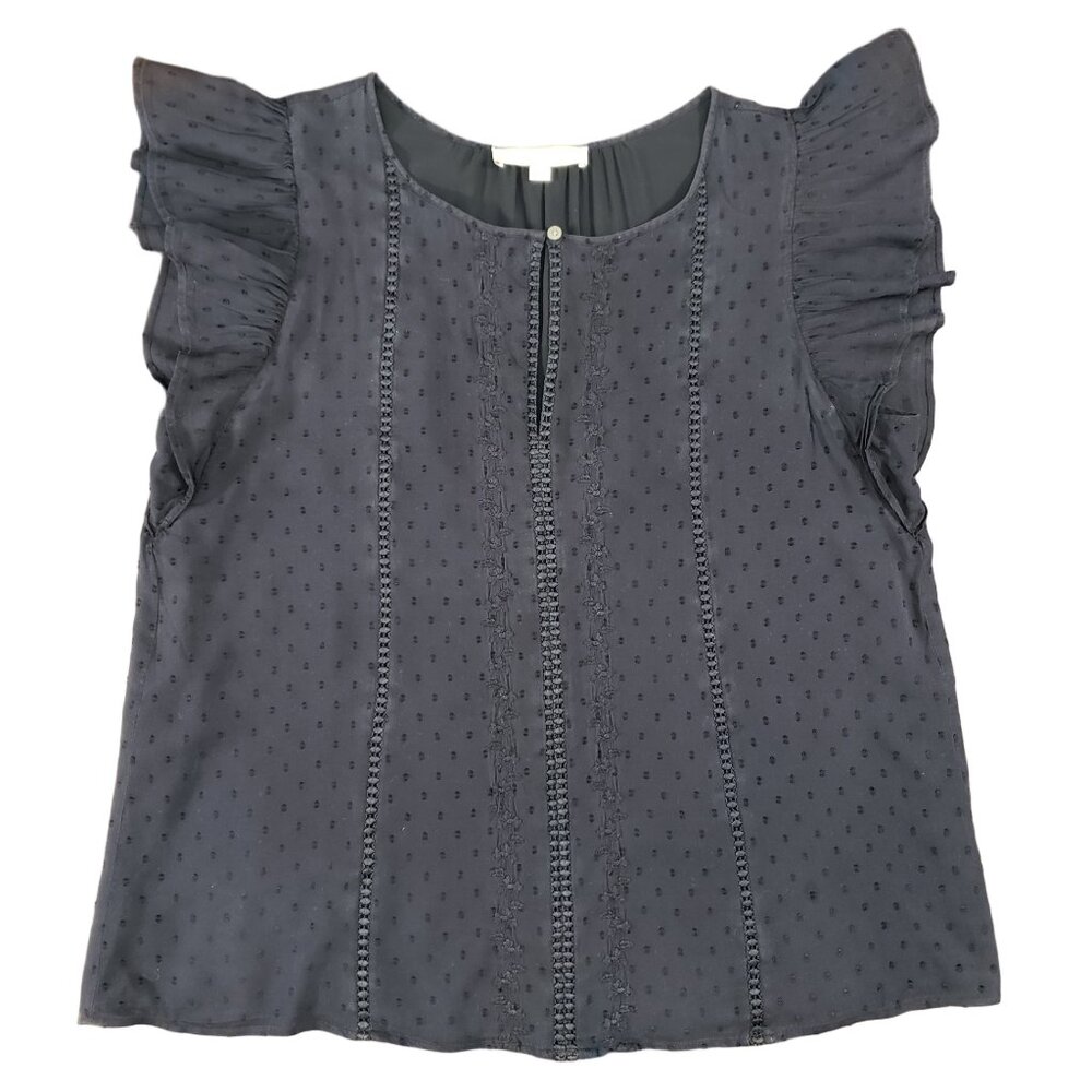 LOFT Women’s Navy Blue Swiss Dot Flutter Sleeve Blouse Size Large - Picture 3 of 8